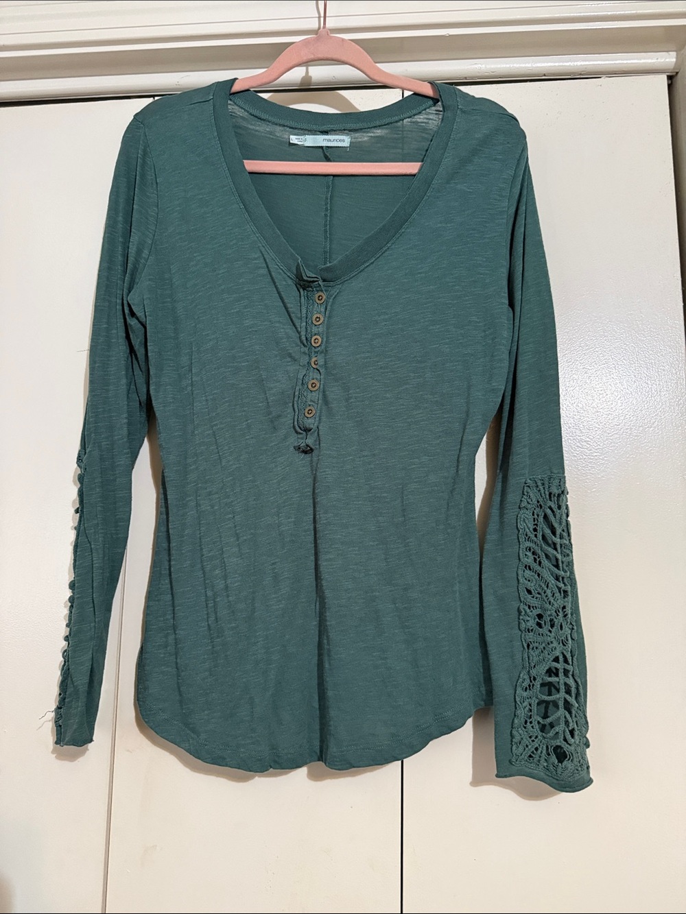 Maurices Teal Henley with Crochet Sleeves